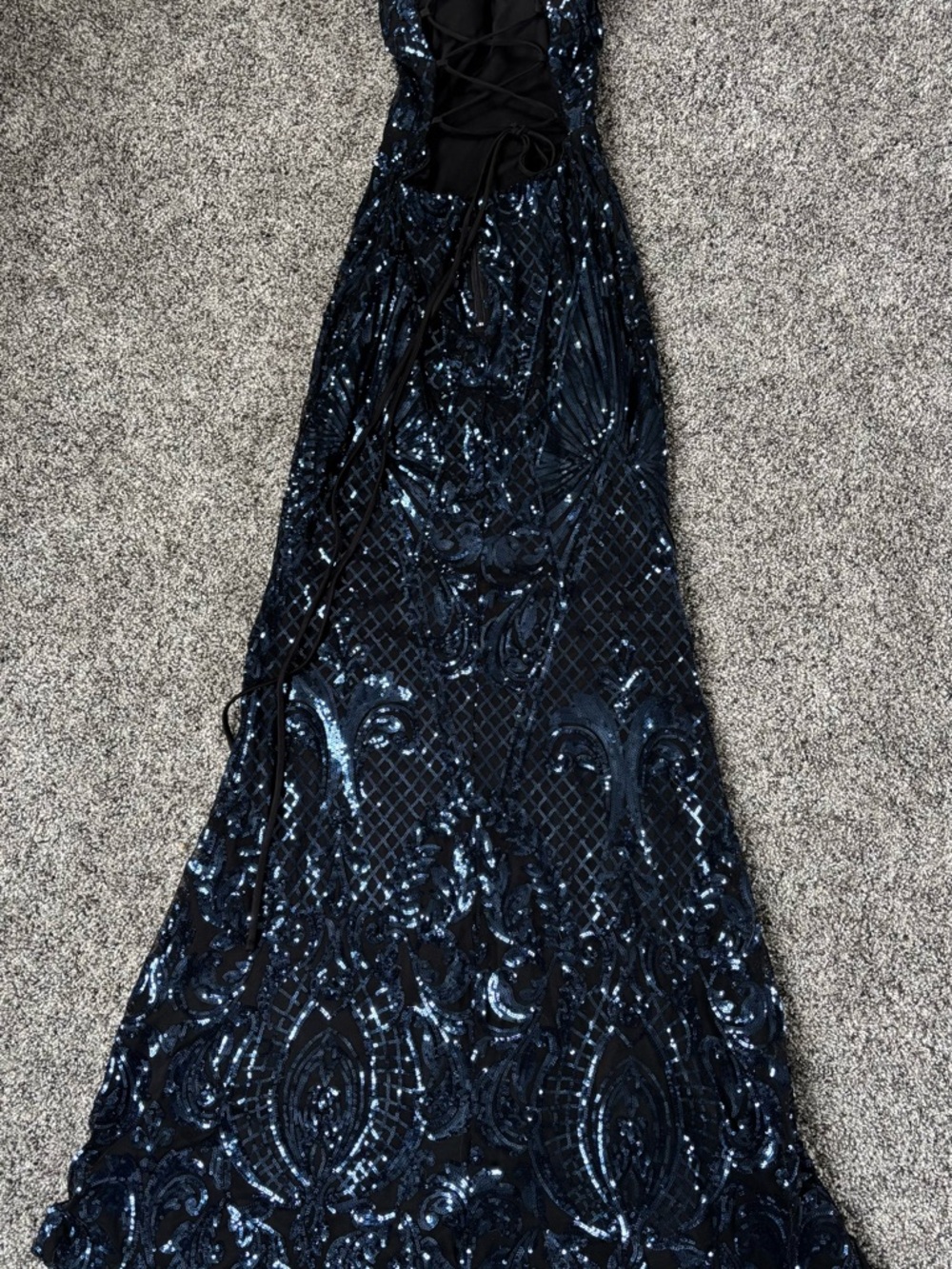 Navy Sequin Spaghetti-Strap Evening Gown - Picture 10 of 11